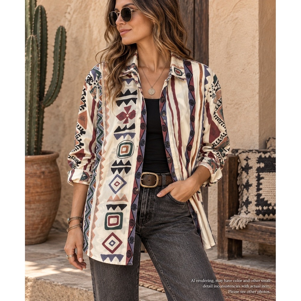 GW Size 10 Button Down Shirt Multi Geometric Tribal Print 90s Boho Pocketed